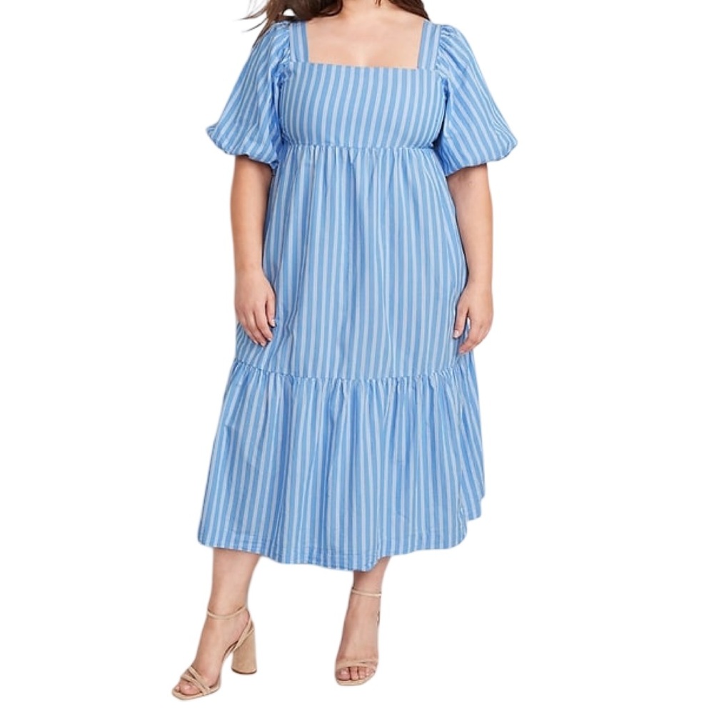 Old Navy Fit & Flare Puff-Sleeve Cotton-Poplin Smocked All-Day Midi Dress